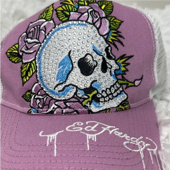 Ed Hardy Rhinestones Roses Skull Hat Snapback Purple Adjustable One Size Adult - Picture 3 of 5